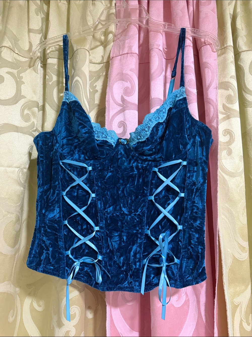 Blue Velvet Lace-Up Bustier Top - Teal Blue Strapless